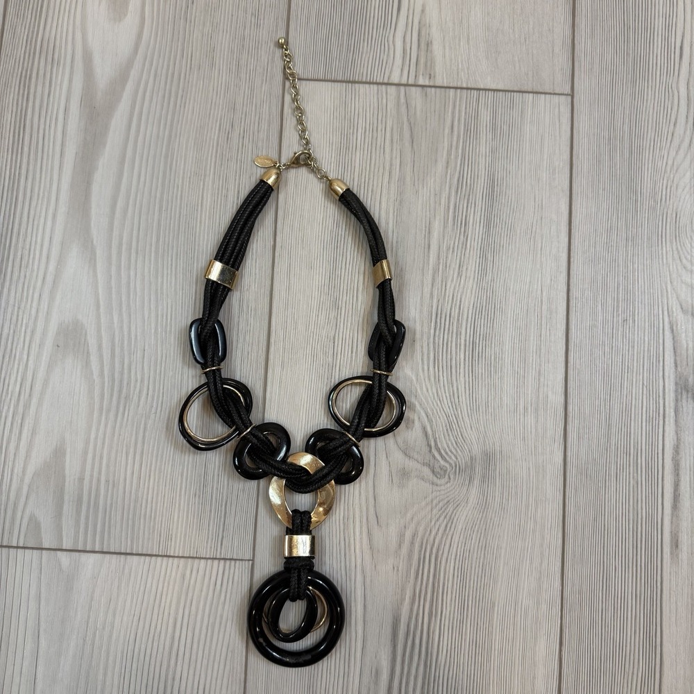 Vintage Chico's‎ Statement Necklace Black Rope Gold Tone Rings Boho